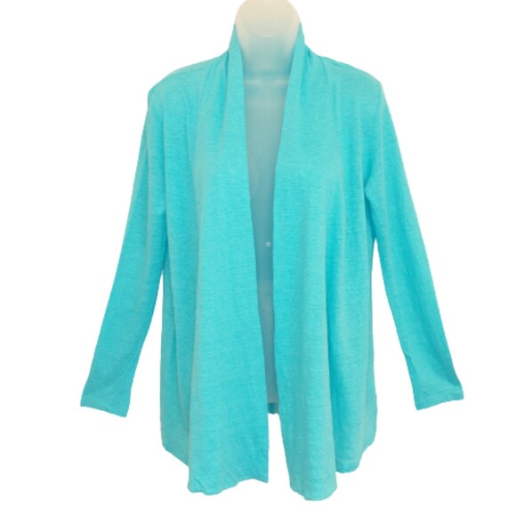 J. Jill Love Linen Turquoise Blue Long Open Cardigan Jacket XS Generous Fit - Picture 3 of 9